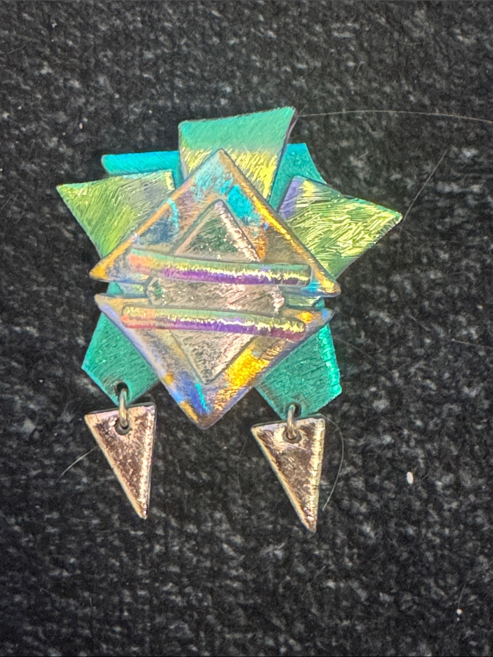 Iridescent Geometric Brooch Pin in Teal Green and Gold Tones